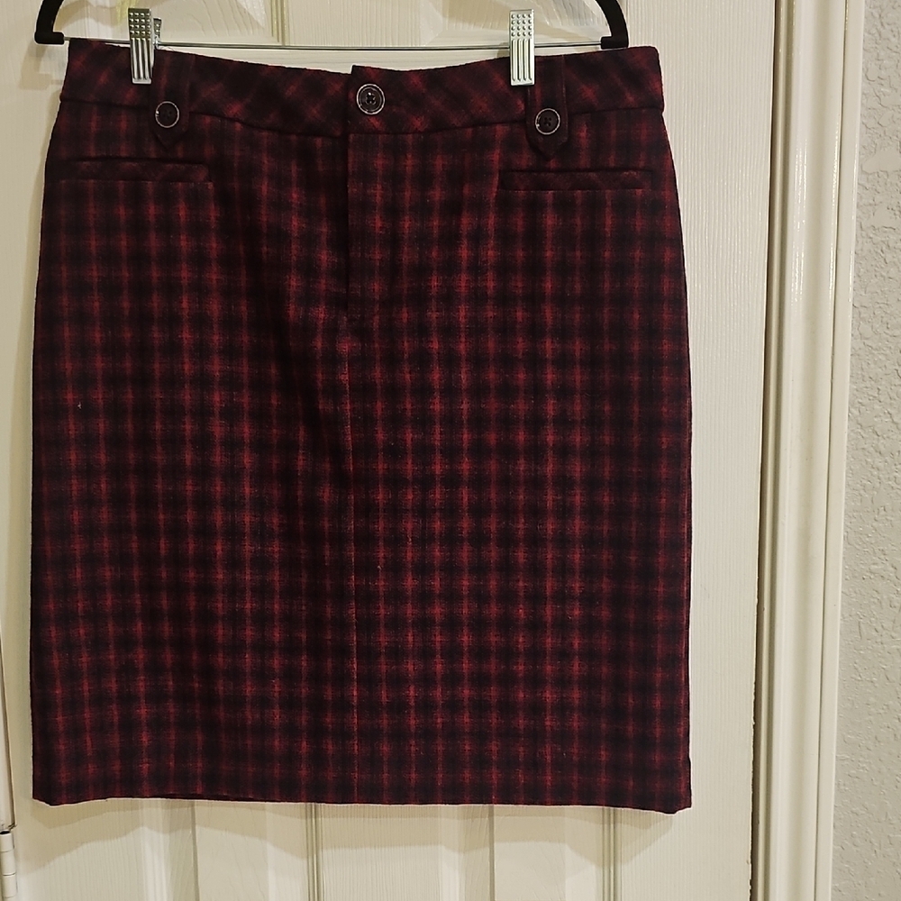 Eddie Bauer Women's Red Black Plaid Wool Blend Pencil Skirt Size T10 EUC